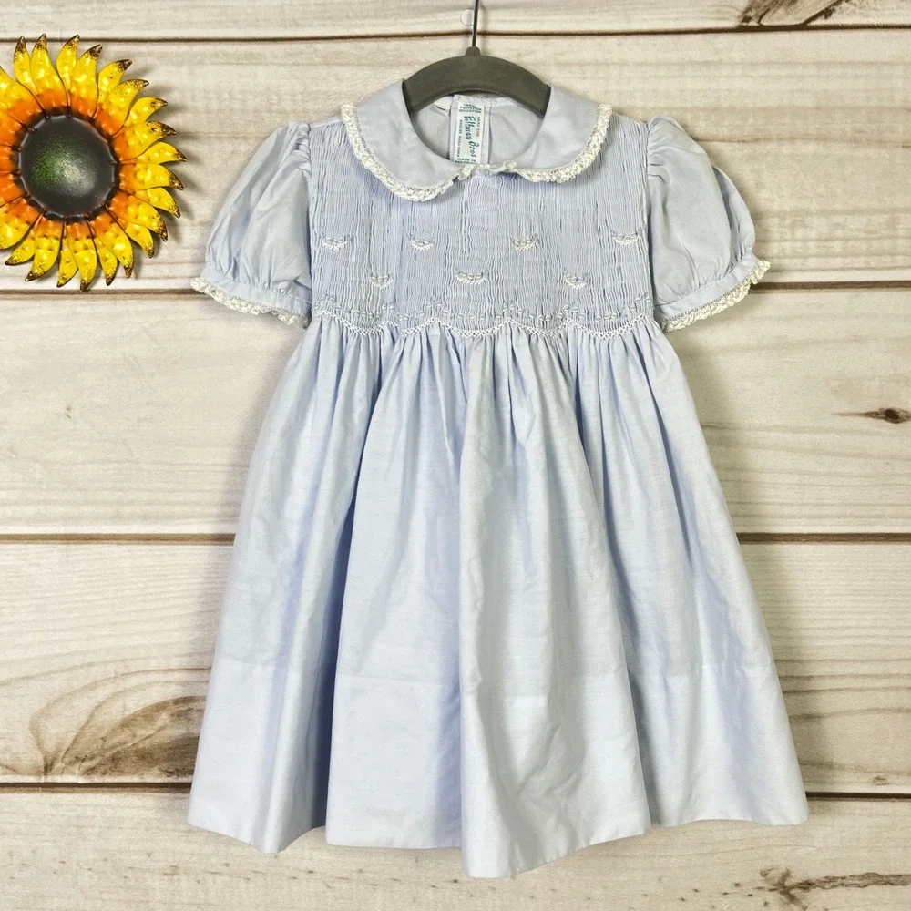 Vintage Feltman Bros Light Blue Smocked Baby Dress Puff Sleeves Lace 18M Cotton